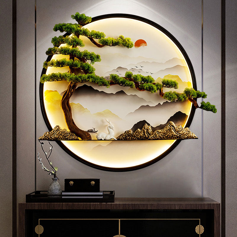 New Chinese style entrance entrance wall with lights to welcome guests pine pendant round living room background wall landscape wall decoration painting