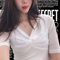 Lace shirt net shirt hollow short sleeve short stretch Stretch Slim white black base shirt coat summer V neck T-shirt breathable
