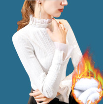 Lace base shirt fake two pieces autumn and winter plus velvet thick warm womens top stretch slim white black plus size