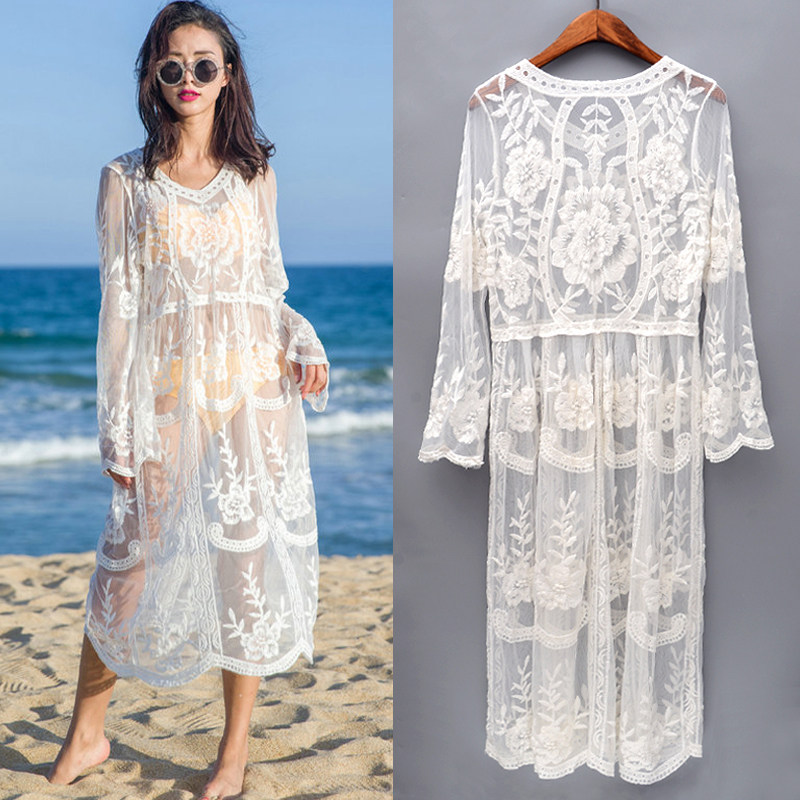 Bikini sunscreen shirt long version of skirt swimsuit lace hollowed-out beach jersey woman long sleeve white cover with big code