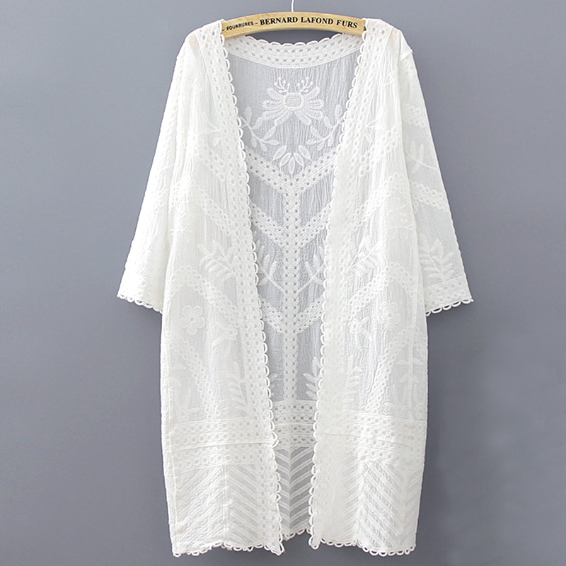 Pure cotton mid-length beach jacket white outer cardigan summer shawl travel holiday wild blouse loose