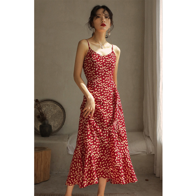 Migu Red Floral Dress French Chiffon Suspender Dress Women's Summer Dress Seaside Vacation Beach Dress Long Dress