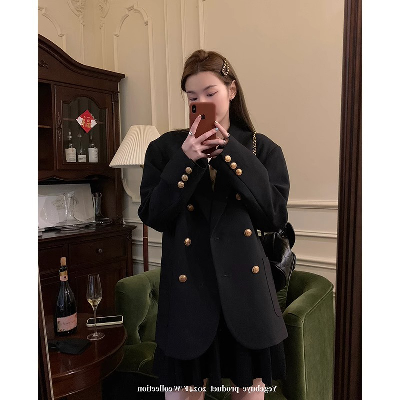 High-End Casual Black Blazer for Women 2026 Spring and Autumn New Versatile Elegant Gold-Button Suit Jacket for Women