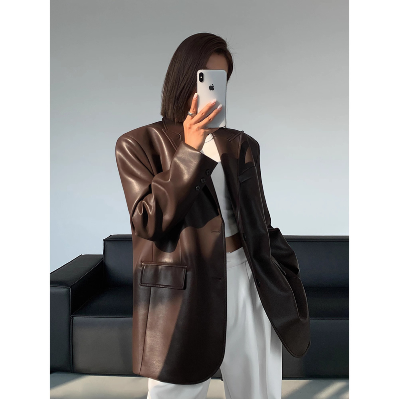 Retro Loose Brown Pu Leather Suit Jacket for Women 2026 Autum New High-End Texture Casual Suit Top