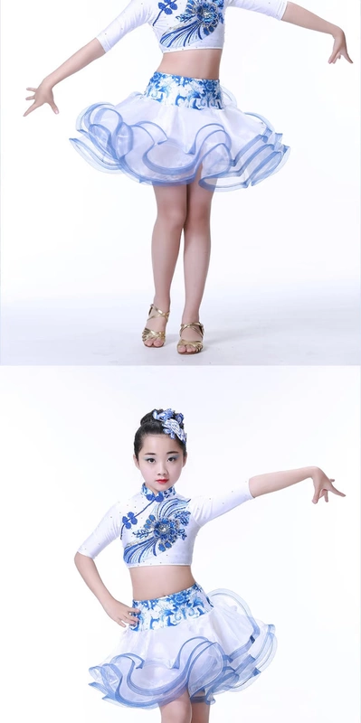Trang phục khiêu vũ cho trẻ em Latin Các cô gái trẻ em trình diễn trang phục thi đấu trang phục váy mới bằng sứ màu xanh và trắng - Trang phục