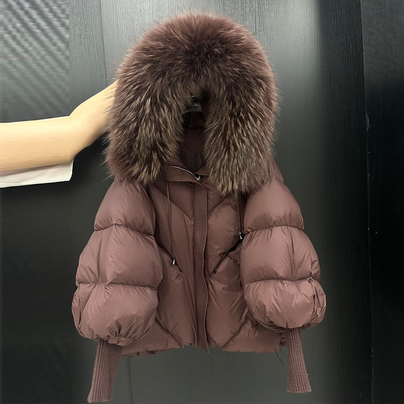 European Goods 2025 Winter New Style Raccoon Fur Collar Hooded down Jacket for Women, Mid-Length Thickened Warm Knitted Sleeve Coat