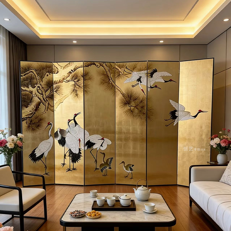 Hand-Painted Pine and Crane Lacquer Painting Chinese-Style Folding Screen Simple Living Room Bedroom Study Company Exhibition Hall Shop Photo Background Hand-Painted Pine and Crane Lacquer Painting Chinese-Style Folding Screen Simple Living Room Bedroom Study Company Exhibition Hall Shop Photo Background