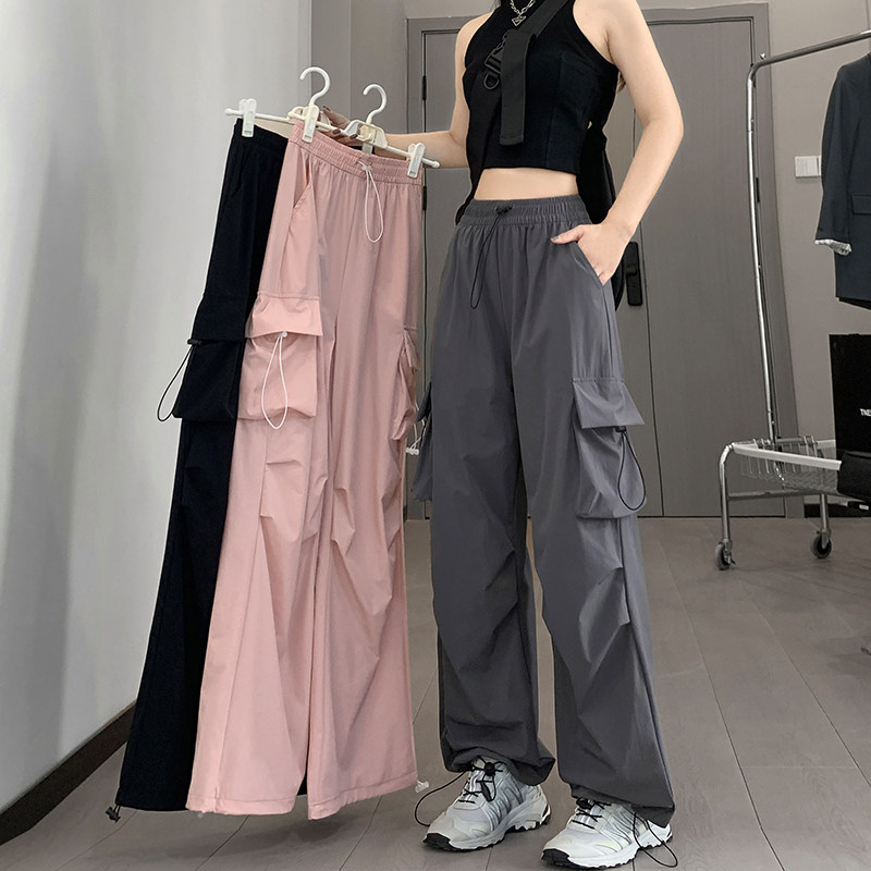 レディース速乾カーゴパンツ、2026年新作夏カジュアルワイドレッグ小柄ハイキング防風アイスシルクスポーツパンツ