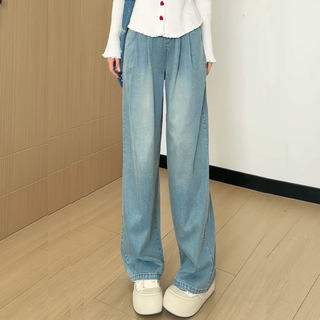 Vintage Tencel Jeans for Women, Summer Thin 2025 New Style, High Waist, Loose Fit, Petite, Relaxed Straight Wide-Leg Pants