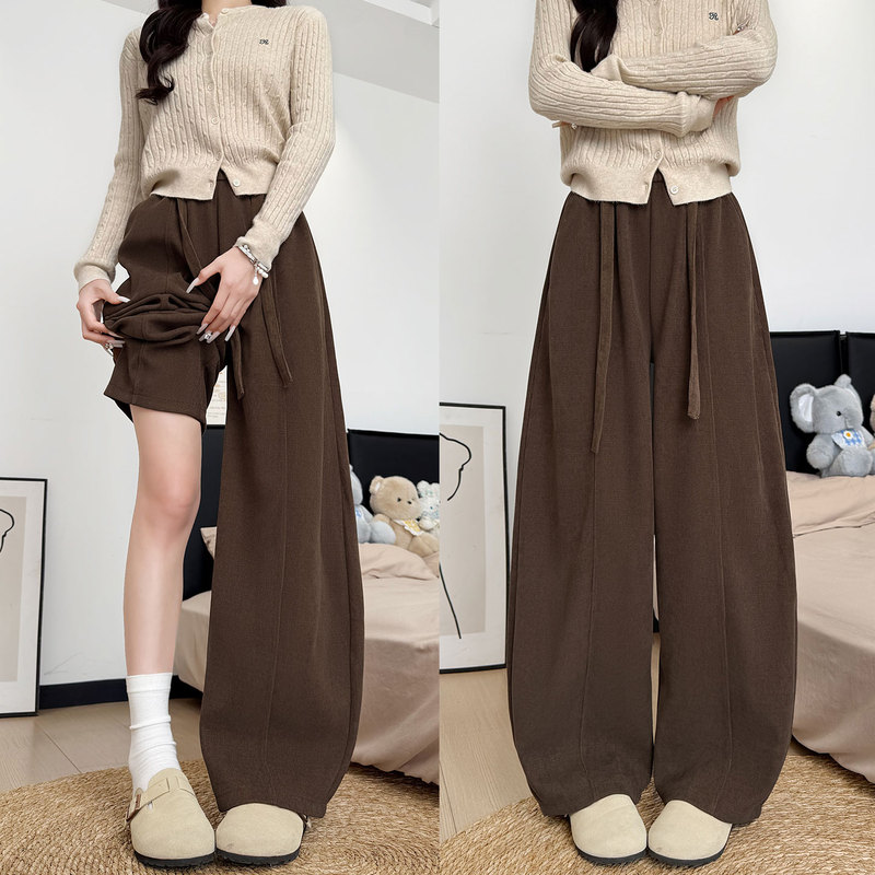 Melard Brown Coffee-Colored Women's Curved Hem Pants 2025 New Autumn and Winter Fleece-Lined Loose Lazy Style Corduroy Wide-Leg Pants