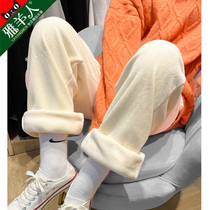 Chenille wide leg pants womens autumn and winter high waisted loose straight pants casual plus velvet white corduroy pants