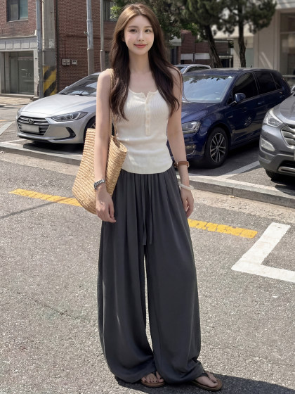 Linen Ice Silk Wide-Leg Pants for Women, Summer Thin Style, Petite Loose Fit, Lazy Old Money Style, Sun-Protective Cotton-Linen Cool Casual Pants