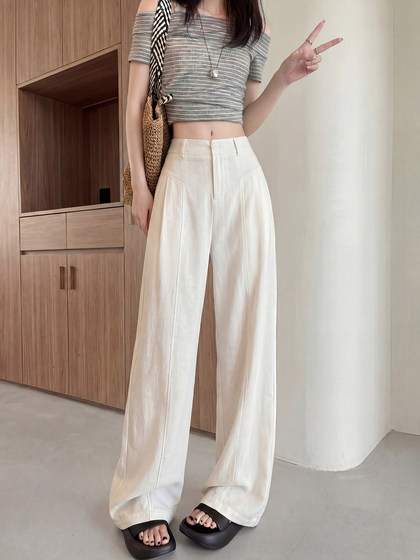 White Linen Suit Pants for Women, Summer Thin Style, 2026 New Model, Ramie Old Money Style Pants, Ice Silk Sun-Protection Wide-Leg Pants