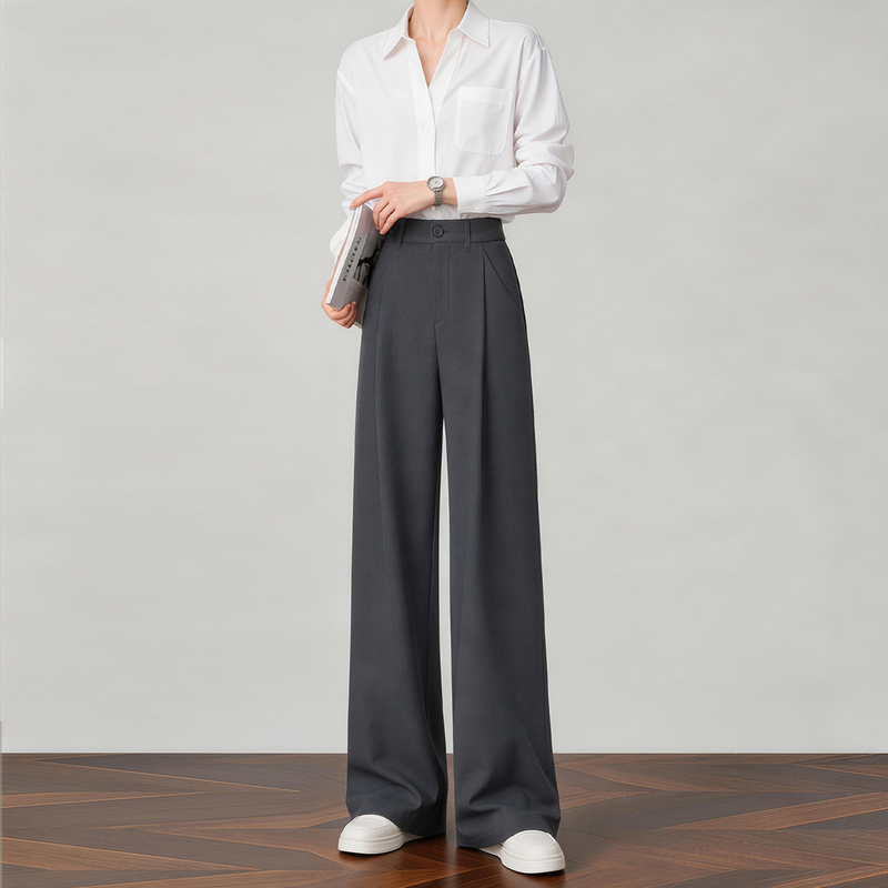 Gray Suit Pants for Women, Autumn Professional Formal Wear, High-Waisted, Drapey, Straight-Leg, Wide-Leg Work Trousers