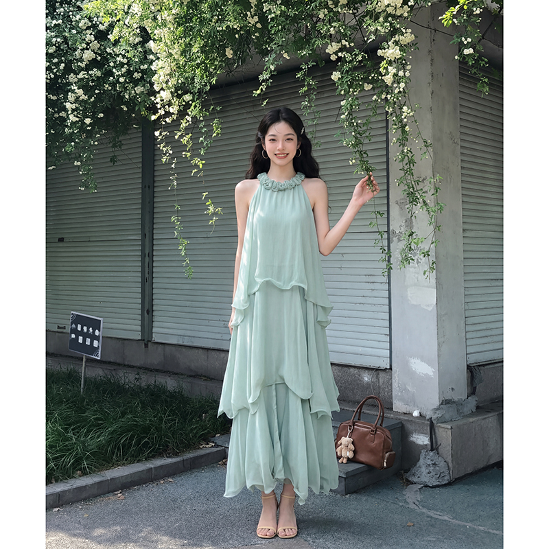 Mint Green Halter Neck Ruffle Dress for Women, Summer Gentle and Complexion-Enhancing Tiered Dress, Petite Tank Dress 308