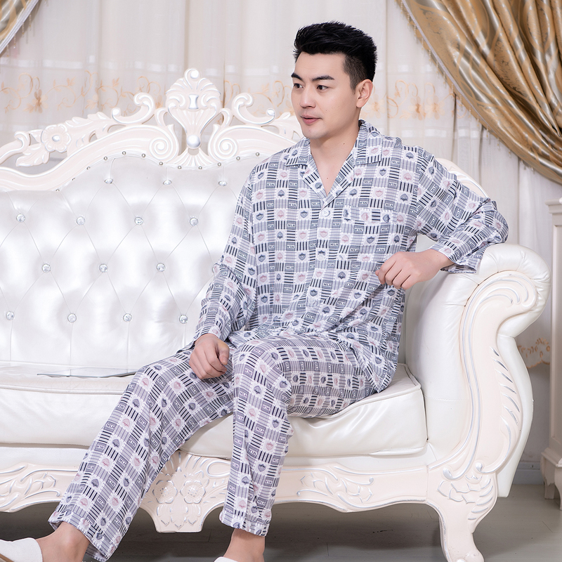 Mùa xuân mens mùa hè bông nhân tạo quần dày dài tay lớn-code lật nhà váy kẻ sọc đồ ngủ lụa cardigan.