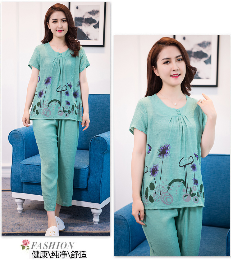 Mùa hè bà ngoại mỏng mẹ đồ ngủ phụ nữ tay ngắn mẹ chồng trung niên chất liệu cotton cotton đồ bộ ống rộng