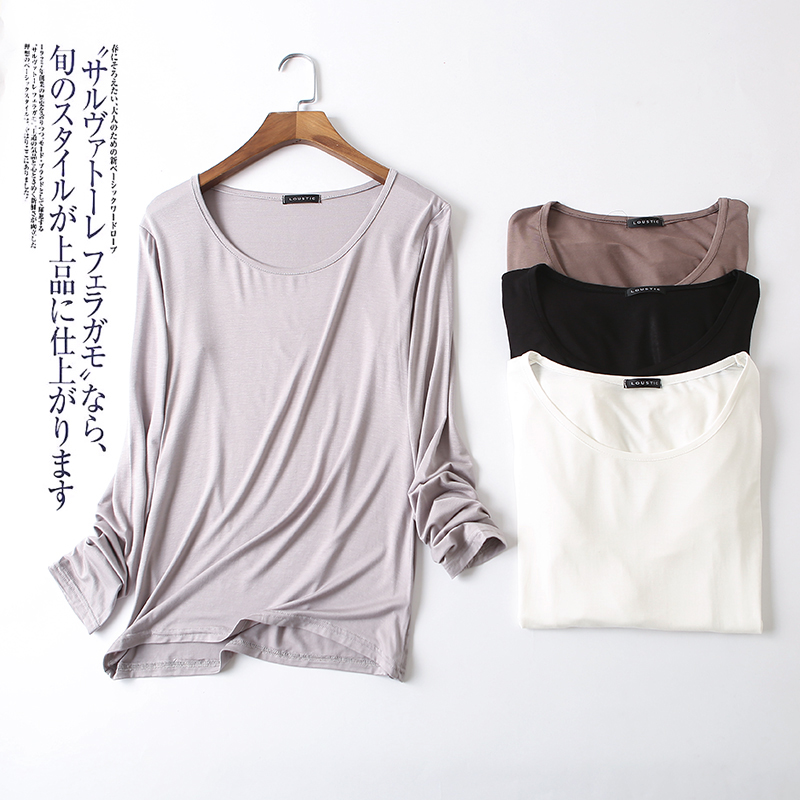 Spring and autumn Long sleeves T-shirt Woman Modale's new Korean version of thin autumn clothes round collar loose 100 lapped white undershirt