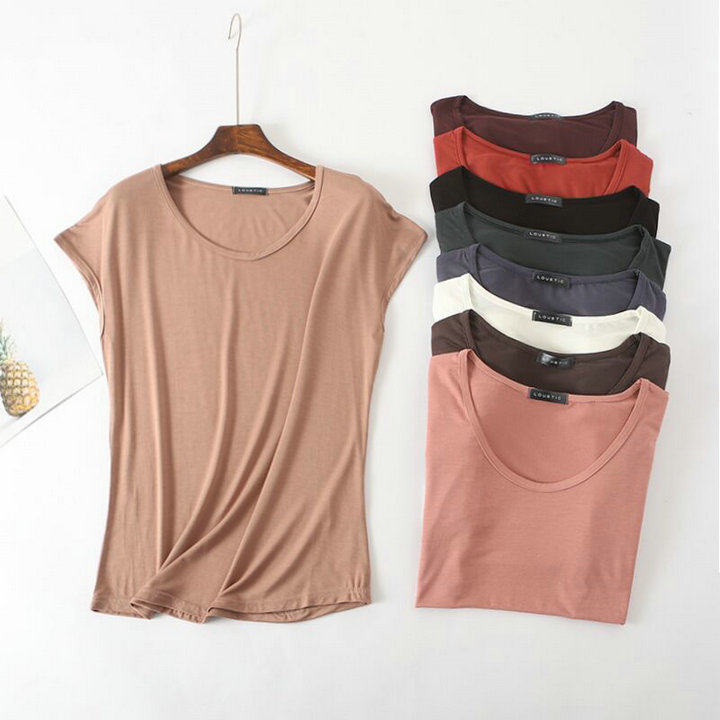 2019 spring and summer new round collar 100 lap Modale loose pure white half sleeve beating bottom T-shirt with short sleeve T-shirt