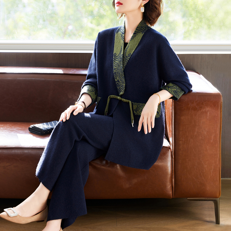 New Chinese Style Mother's Spring Outfit Set, Mid-Length Cardigan Jacket, Middle-Aged and Elderly Women's Spring and Autumn Knitted Wide-Leg Pants Two-Piece Set