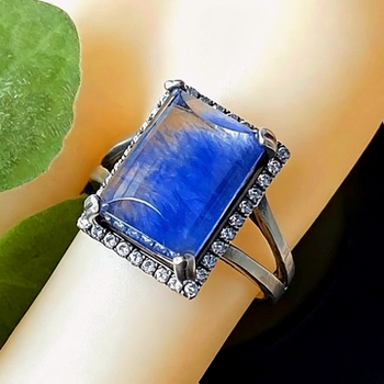 Natural crystal ring, blue rabbit fur ring, blue hair crystal ring, silver bag, closed mouth, diamond-encrusted clean body birthday gift for women
