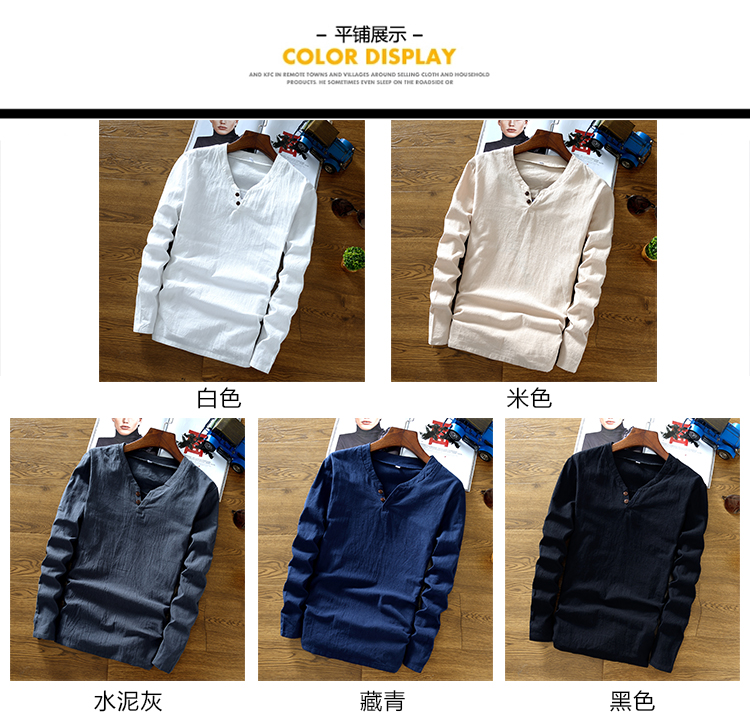 Trung quốc phong cách đàn ông của quần áo linen mùa xuân T-Shirt phong cách Trung Quốc khóa retro quần áo cotton linen phần mỏng dài tay áo màu rắn