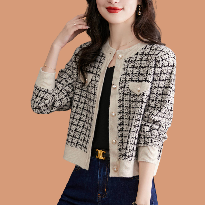 Ordos City Xiaoxiang Style Short Plaid Jacket for Women, New Autumn and Winter Outerwear, Wool Knit Cardigan