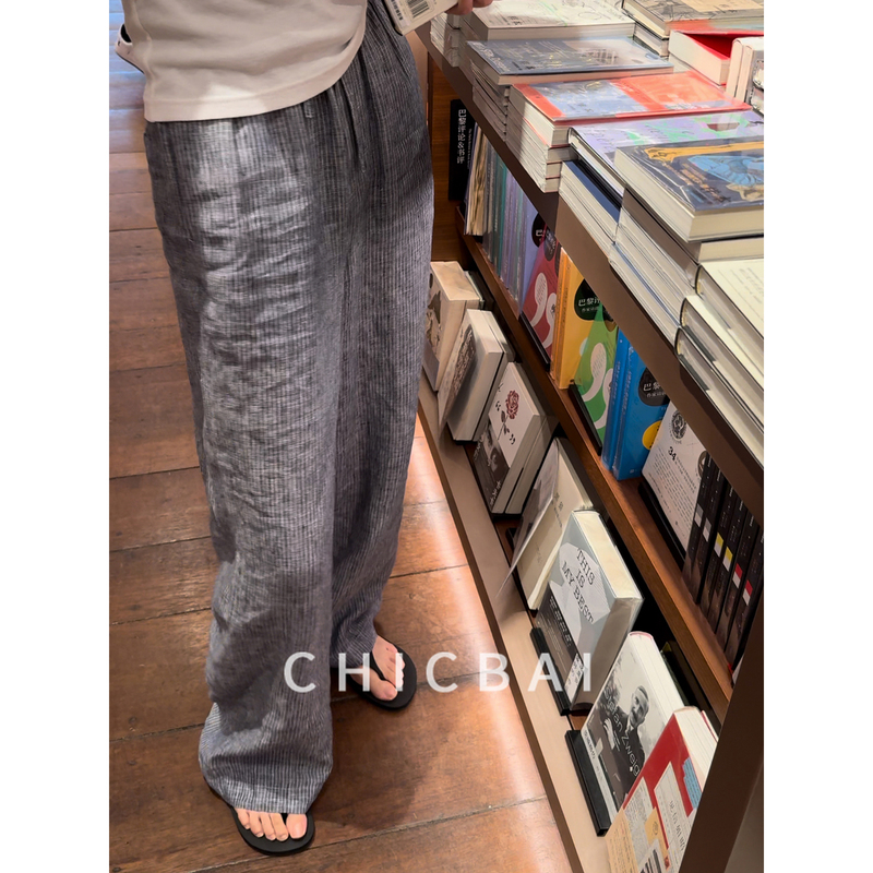 Chicbai 【Yanlan】 Korean-Style Textured Linen Wide-Leg Pants for Women 2026 Summer Striped Drawstring Casual Pants
