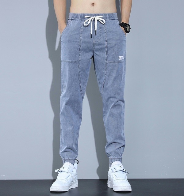 ໂສ້ງ Denim harem ກາງເກງກະເປົ໋າຜູ້ຊາຍ ກາງເກງຂາຍາວ drawstring elastic waist Korean style trendy casual trousers