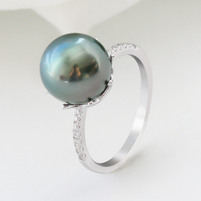 Xinlun Star 10 - 11mm Tahiti Sea Black Pearl Ring Round Light Peacock Green 925 Silver Ring