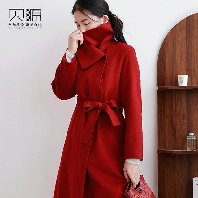 Beiyuan mid-length red bud collar cashmere coat for women