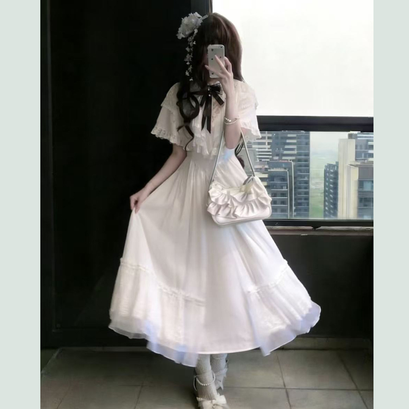 Japanese Sweet Design Bow Cape Short-Sleeved Dress Women's Lolita Princess Dress Lolita Dress Long Dress