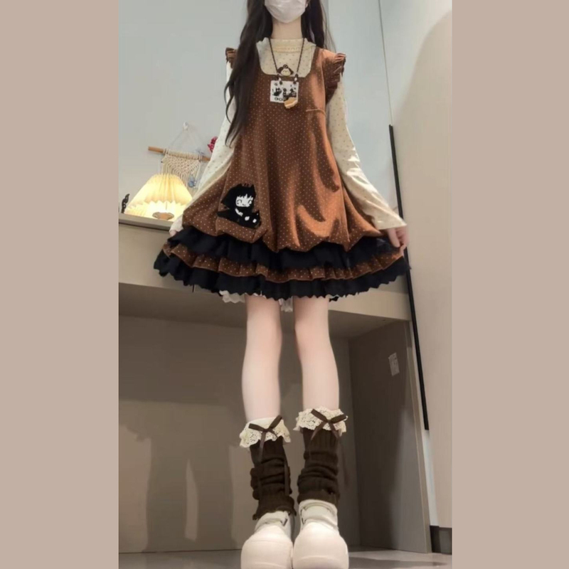 Autumn and Winter Layered Vest Dress Two-Piece Set Suspender Dress with Small Flutter Sleeves and Floral Puff Dress for Women, Puffy Cake Dress Autumn and Winter Layered Vest Dress Two-Piece Set Suspender Dress with Small Flutter Sleeves and Floral Puff Dress for Women, Puffy Cake Dress