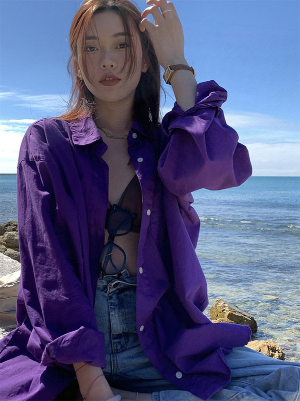French-Style Purple Long-Sleeved Shirt for Women, New Design for Spring and Autumn, Niche Retro Pure Cotton Casual Shirt, Loose Top