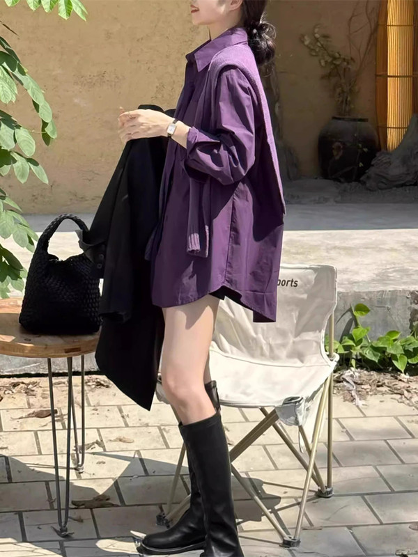 Spring and Autumn New Mid-Length Casual Loose Versatile Retro Purple Shirt Women's Long-Sleeved Polo Collar Jacket Top