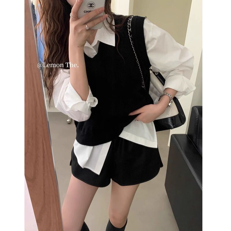 Spring and Autumn Korean Style Black V-Neck Knit Vest for Women, Short Top with White Inner Shirt Two-Piece Set