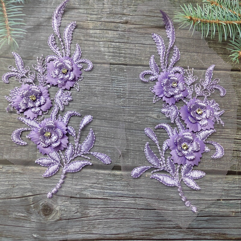 Light Purple Rhinestone Lace Stereo Flower Accessories Lace Trim Flower Patch Wedding Dress Clothing DIY Decorative Applique