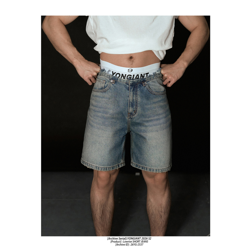 Yongiant Washed Blue Waxed Waist Distressed Ultra-Low-Rise Denim Shorts 2026Ss Yg2537