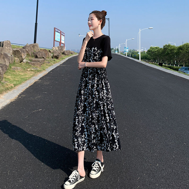 Dresses for women 2024 summer new style Hepburn style mid-length spliced ​​​​floral skirt temperament high waist slim long skirt summer