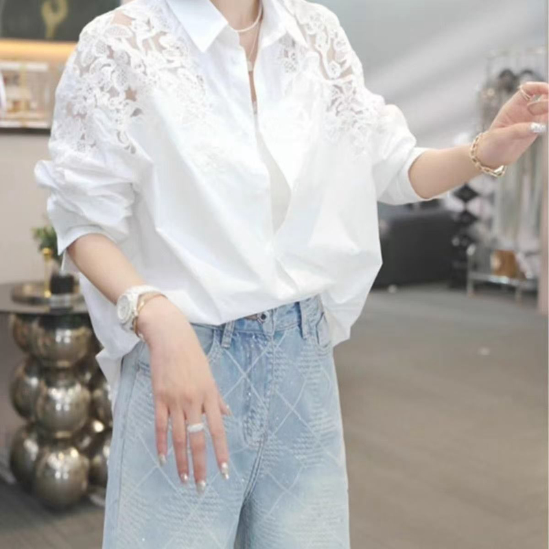 Crochet Hollow-Out White Collared Shirt for Women, Spring Thin Shirt, Plus Size, Stylish New Popular Long-Sleeve Top