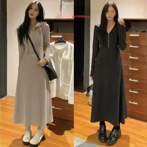 Korean Style Simple Long Hooded Sweatshirt Dress for Tall Women, Autumn and Winter, Elegant, Waist-Cinching, Slimming, Long-Sleeved Knit Dress, Trendy