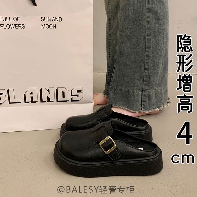 British Genuine Leather Thick-Soled Birkenstock-Style Slip-On Women's Shoes 2026 New Summer Closed-Toe Slip-On Black Flats