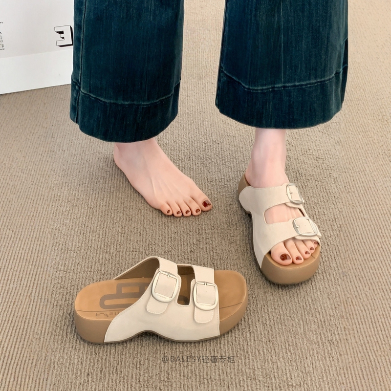British Genuine Leather Thick-Soled Birkenstock-Style Sandals for Women, Outdoor Wear, Summer 2026 New Model, Beach Slide Sandals, Toast-Style Sandals