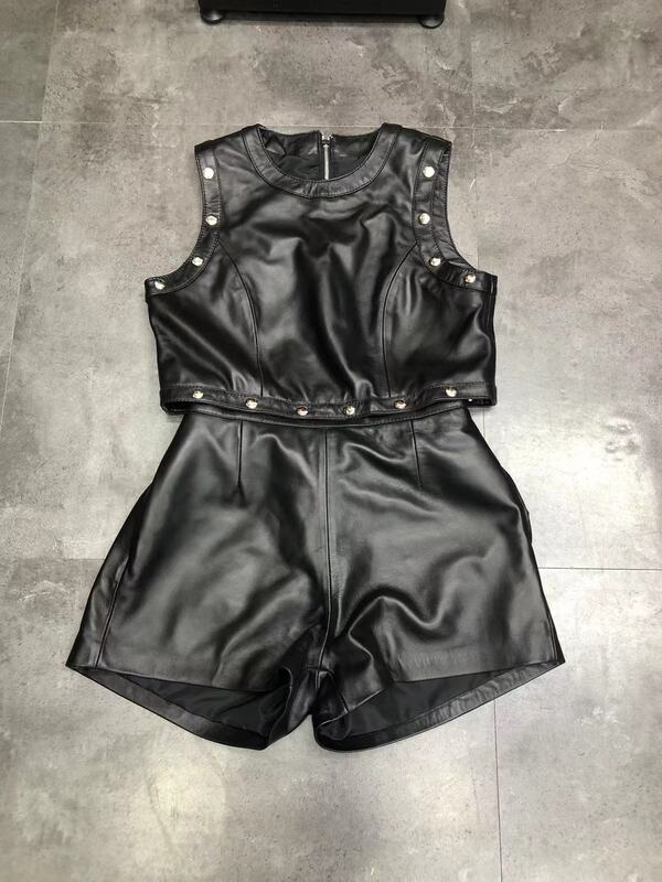 Women's Genuine Leather Vest, Short Goatskin Jacket, Motorcycle Style, Fashionable, Casual, Versatile, Slim-Fit, Sleeveless Vest Set