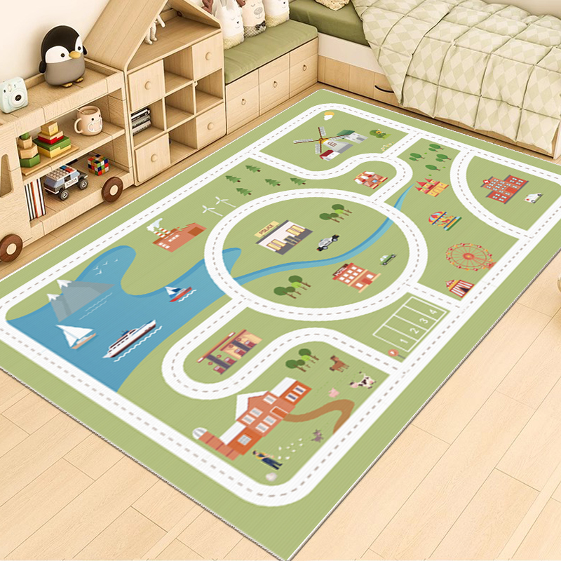 Children's Room Thickened Play Parking Lot Carpet, Living Room Bedroom Non-Slip Bedside Car and Rail Transit Game Mat