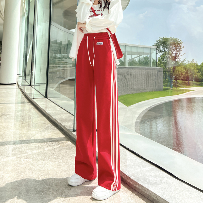 Red High-Waisted Wide-Leg Pants for Women 2025 Spring New Style Bright Red Loose Long Straight-Leg Sports Casual Pants for Tall People