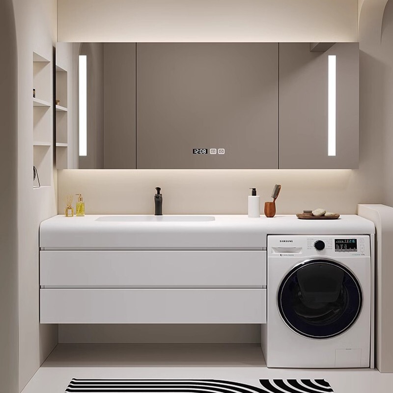 Corner Corian Washing Machine Companion Integrated Cabinet with Seamless Solid Wood Bathroom Cabinet Combination and Washbasin