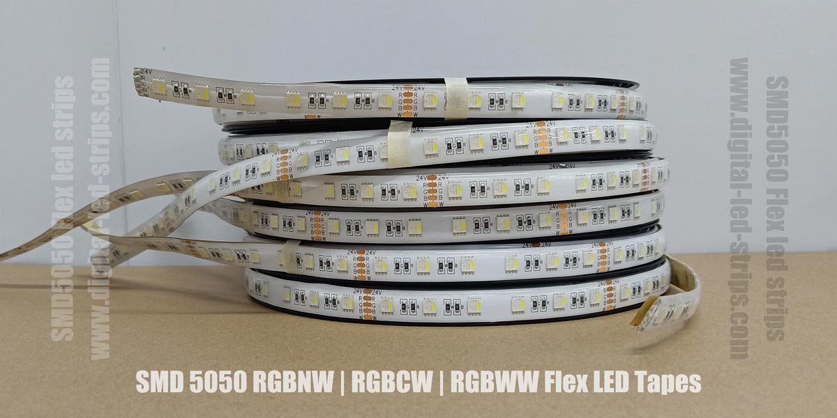 SMD5050 RGB NW / RGBCW / RGBWW Flex LED Tapes | IP65 waterproof 