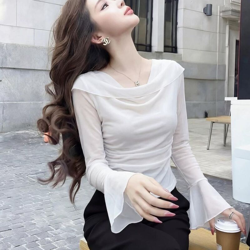 High-End Elegant White Ruffled Collar Pleated Waist-Cinching Long-Sleeve Top for Women, Versatile, Slimming, Fashionable, Trendy, New Summer Style High-End Elegant White Ruffled Collar Pleated Waist-Cinching Long-Sleeve Top for Women, Versatile, Slimming, Fashionable, Trendy, New Summer Style