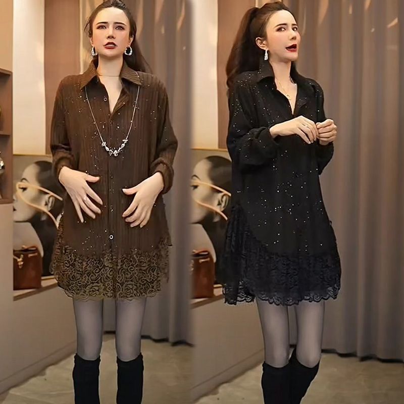 2025 European-Style Korean Lace Trim Patchwork Shiny Top, Plus Size, Unique and Super Pretty Lapel Shirt 2025 European-Style Korean Lace Trim Patchwork Shiny Top, Plus Size, Unique and Super Pretty Lapel Shirt